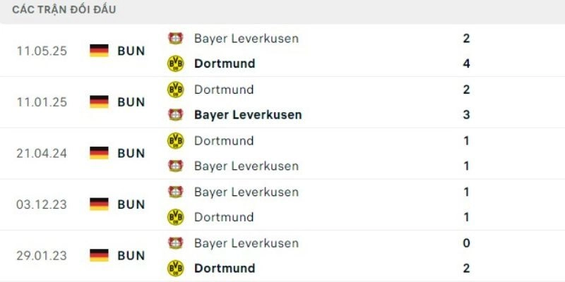 Lịch sử đấu của Leverkusen vs Dortmund